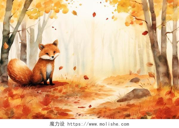 秋天森林里有树和狐狸卡通水彩AI插画立秋